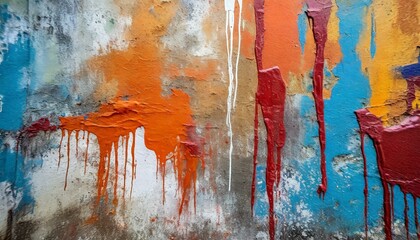 paint on the wall, Messy paint strokes and smudges on an old painted wall background. Abstract wall surface with part of graffiti. Colorful drips, flows, streaks - obrazy, fototapety, plakaty