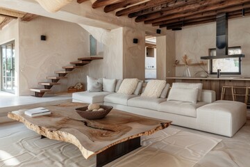 Beige luxury sofa and rustic live edge coffee table in spacious room. 