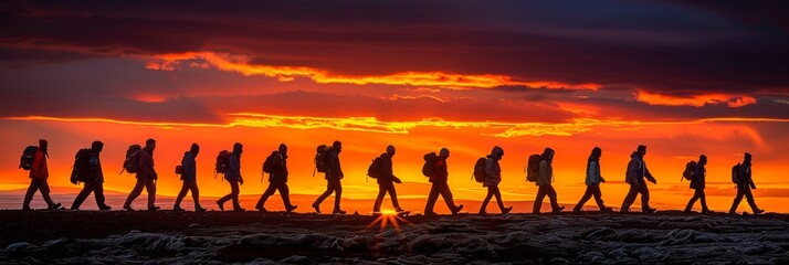 Summer mountain hike at sunset, group trekking on an adventurous journey exploring nature trails.
