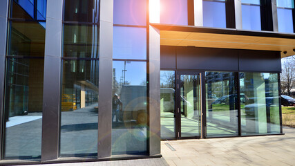 Panoramic windows of new commercial premises. Commercial property in development standard for rent.
