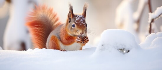 A red squirrel, a terrestrial animal and rodent, sits in the snow eating a nut under a tree. Its snout, eyelash, fur, and macro photography capturing the event make it an art piece