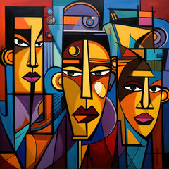 Mans visages with vibrant abstract lines