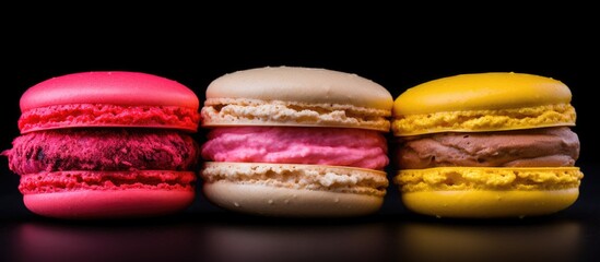 Three colorful macarons are layered on a dark surface, showcasing a delightful display of baked goods. The vibrant ingredients create a visually appealing treat