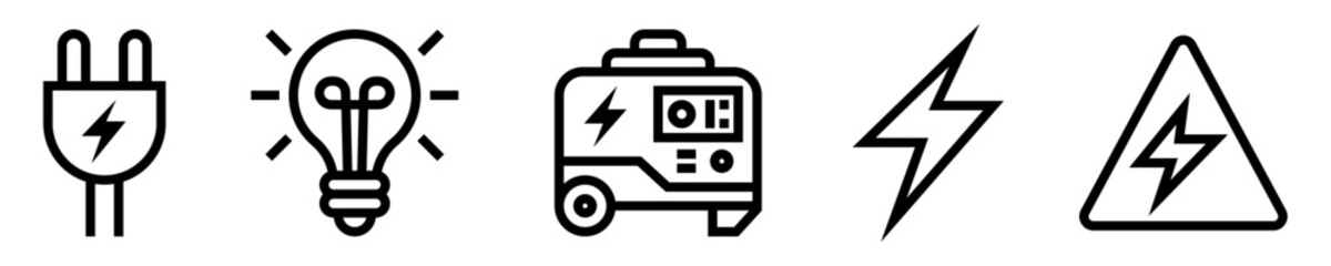 Conjunto de iconos de electricidad. Enchufe, bombilla encendida, generador de energía, rayo, alerta eléctrica. Ilustración vectorial 