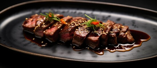 A tantalizing dish featuring a juicy steak topped with savory sauce served on a sleek black plate. The perfect combination of flavors and presentation on the table