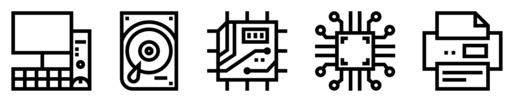 Conjunto de iconos de hardware. Inform&aacute;tica y tecnolog&iacute;a. Computadora de escritorio, disco duro, tarjeta de circuito, procesador, impresora. Ilustraci&oacute;n vectorial