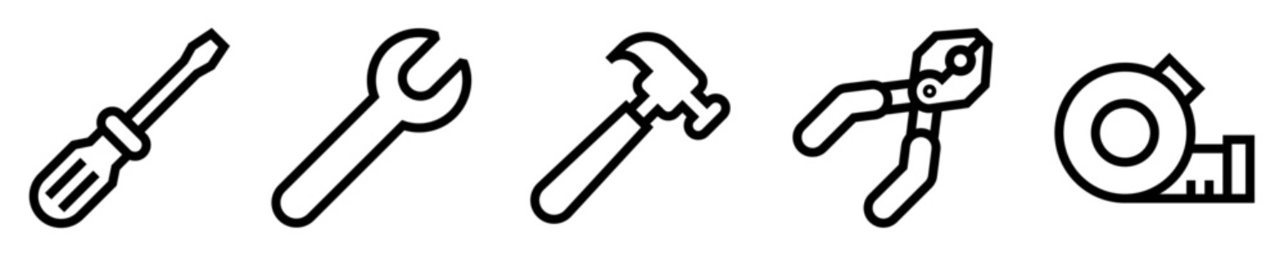 Conjunto de iconos de instrumentos para reparaci&oacute;n.  Mantenimiento y mec&aacute;nica. Destornillador, llave inglesa, martillo, cinta m&eacute;trica, alicate. Ilustraci&oacute;n vectorial