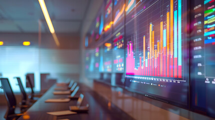 In a sleek and modern business setting, a graphic display of statistics and data is projected onto a large screen, with colorful charts and graphs illustrating key performance