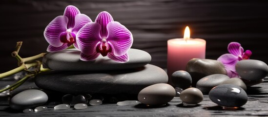 An event featured a magenta candle alongside beautiful orchids and rocks, creating a serene atmosphere with the combination of flower and wax