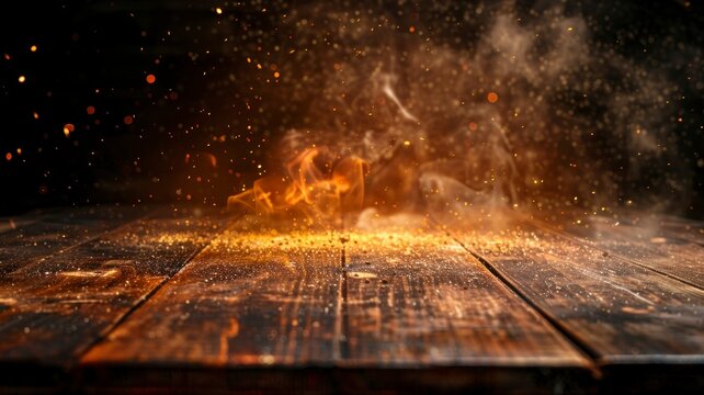 wooden table with Fire burning at the edge of the table, fire particles, sparks, and smoke in the air, with fire flames on a dark, copy space - generative ai