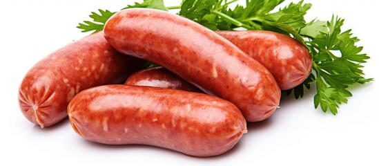 A variety of sausages including Knackwurst, Diot, Cervelat, Bockwurst, Kielbasa, and Bologna sausage, topped with parsley, displayed on a white background