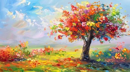 Foto op Aluminium Painting of a tree with colorful flowers in the autumn season. Oil color painting. © ryanbagoez