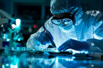 Scientist in a clean room covered with a coverall suit working with semiconductors, nanotechnology and other advanced technologies.