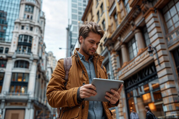 Stylish young adult male engages with a digital tablet while walking in a city environment