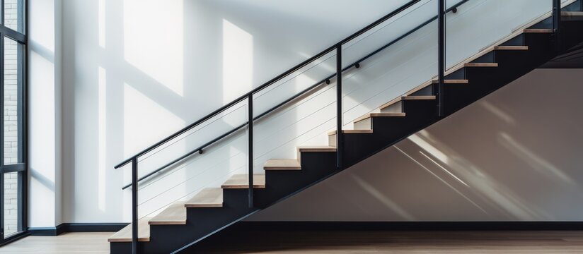 A staircase with a metal handrail and a window in the background, made of composite materials, creating a modern and functional fixture in the building