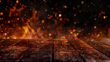 wooden table with Fire burning at the edge of the table, fire particles, sparks, and smoke in the air, with fire flames on a dark, copy space - generative ai - obrazy, fototapety, plakaty