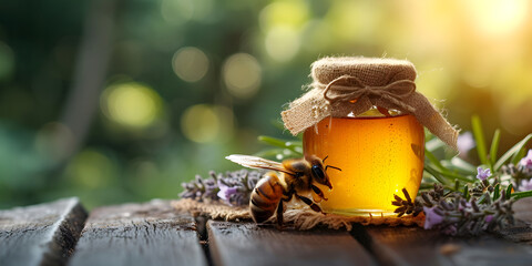 Honey jar with honey dipper, stick, lavender flowers and bee on wooden table with copy space. Beekeeping, natural treatment for cough, strengthening the immune system and preventing colds concept.