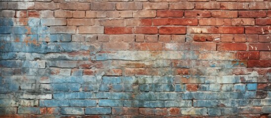 An artistic closeup of brickwork with blue paint, showcasing the intricate pattern of rectangles...