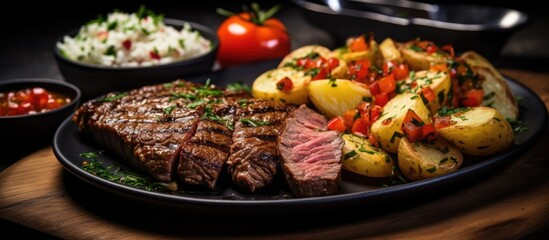 A delicious plate of steak and potatoes served on a rustic wooden table. This dish features tender beef cooked to perfection, a classic red meat ingredient in many cuisines
