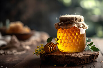 Honey jar with honey dipper, stick and meadow flowers on wooden table with copy space. Beekeeping, natural treatment for cough, strengthening the immune system and preventing colds concept.