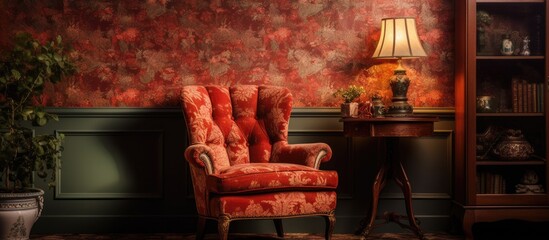 Vintage-themed room with traditional wallpaper and classic armchair. Retro decor.