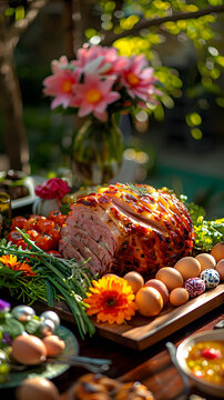 Fototapeta Festive Easter Brunch Spread with Glazed Ham, easter eggs, salads, assorted appetizers and spring flowers in garden