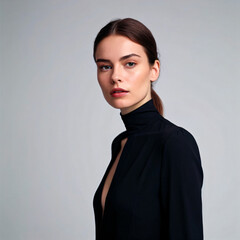 Fototapeta premium Sure, here is a description of an image you requested: A studio portrait of an elegant Black model in a dress with a stylish hairstyle and makeup