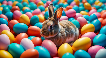 Furry easter bunny sitting in colorful eggs