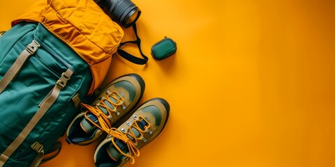 Backpack and leather walking boots on yellow background. Hiking and camping equipment, travel concept. Flat lay banner with copy space. - obrazy, fototapety, plakaty