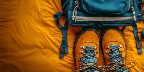Backpack and leather walking boots on yellow background. Hiking and camping equipment, travel concept. Flat lay banner with copy space.