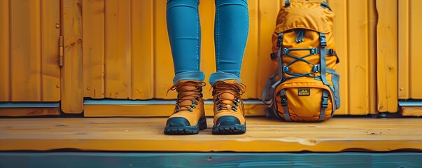Close up of backpack and legs with walking boots on yellow background. Hiking and camping equipment, travel concept. Flat lay banner with copy space.