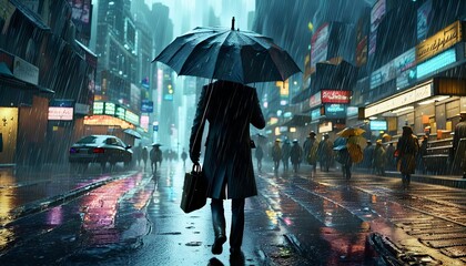 Fototapeta premium A person walking down the street in the rain with a black umbrella. 