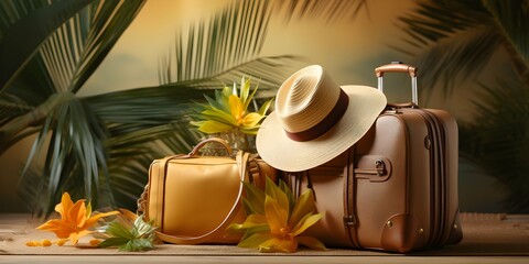 Suitcases luggage with a straw hat, tropical flowers and palm branches on yellow sunny wall background. Summer and travel concept banner. Vacations, tourist agency and visiting tourist places. - obrazy, fototapety, plakaty
