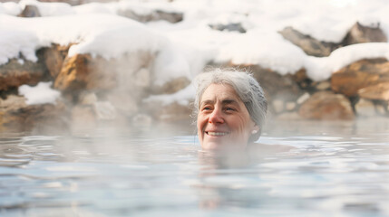 Senior woman having bath in hot spring in winter