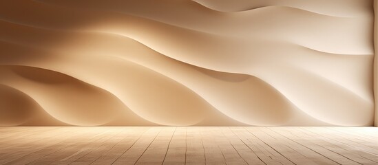 An empty room with a wooden floor resembling a peach landscape, with a wavy wall evoking an aeolian landform. Liquid shadows create a pattern as if singing sands were present