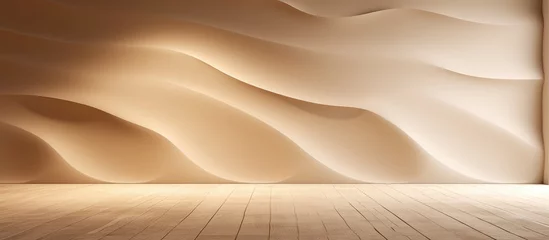 Fotobehang An empty room with a wooden floor resembling a peach landscape, with a wavy wall evoking an aeolian landform. Liquid shadows create a pattern as if singing sands were present © TheWaterMeloonProjec