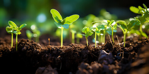 New Beginnings with Sprouting Seedlings.
Fresh seedlings sprouting in fertile soil bathed in sunlight, symbolizing growth, new beginnings, and eco-friendly concepts.