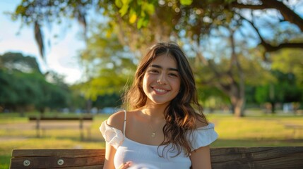 Fototapeta premium beautiful latin woman in a park smiling at the camera