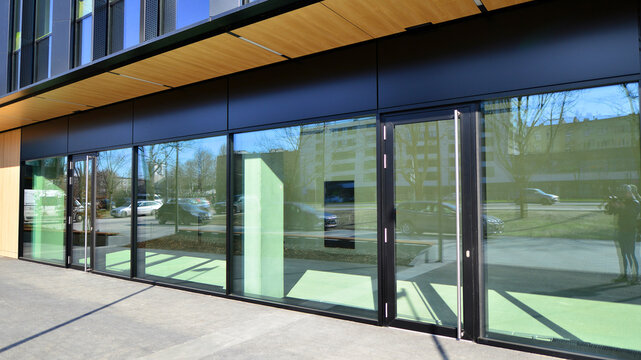 Panoramic windows of new commercial premises. Commercial property in development standard for rent.