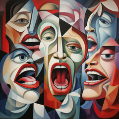 A striking cubist painting featuring a montage of expressive facial features