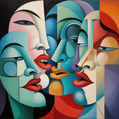 Intertwined cubist faces in a colorful embrace