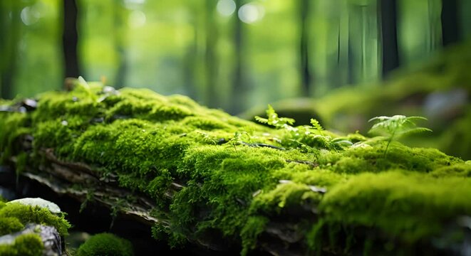 Close-up of a moss-covered rock, vibrant green, forest floor - Powered by Adobe