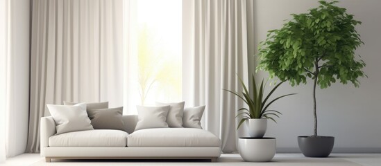 A living room featuring a grey couch, potted plants, and curtains for a cozy atmosphere. The furniture is made of wood, creating a comfortable interior design