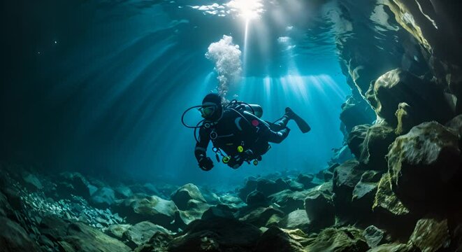Scuba diver exploring a deep underwater cave, aquatic mystery
