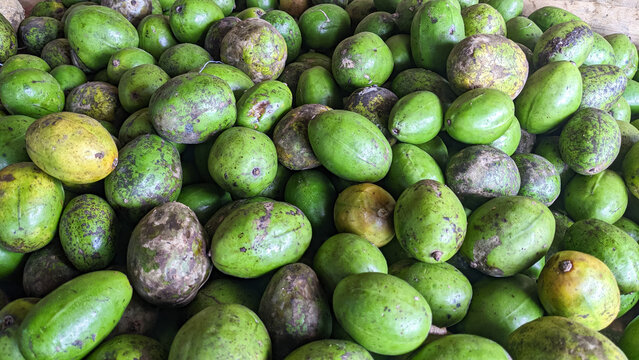 A diverse mix of ambarella fruits, showcasing different stages from green to ripe yellow.