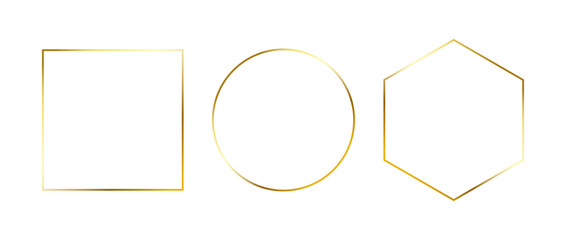 Set of golden thin frames. Gold geometric borders in art deco style. Thin linear square, circle and hexagon collection. Yellow glowing shiny boarder element pack. Vector bundle for photo, cadre, decor - obrazy, fototapety, plakaty
