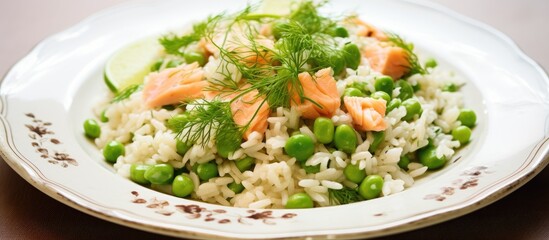 A dish consisting of a white plate with a staple food of rice topped with ingredients such as peas and salmon, creating a delicious and nutritious meal