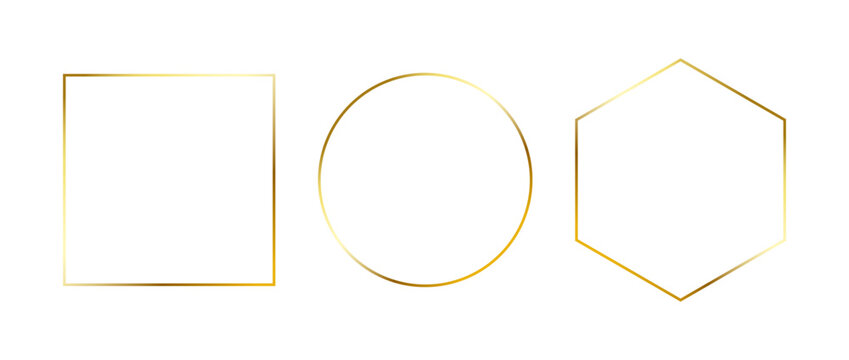 Set of golden thin frames. Gold geometric borders in art deco style. Thin linear square, circle and hexagon collection. Yellow glowing shiny boarder element pack. Vector bundle for photo, cadre, decor