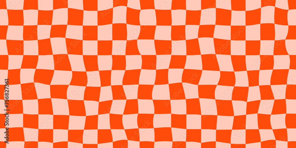 Poster Seamless red checkerboard pattern. Repeating distorted checkered texture. Groovy trippy abstract background. Vintage retro style wallpaper for textile, fabric, wrapping paper. Vector check surface