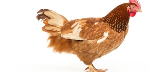 A brown chicken from the Phasianidae family of Galliformes birds with a beak, comb, and feathered body, standing on a white background